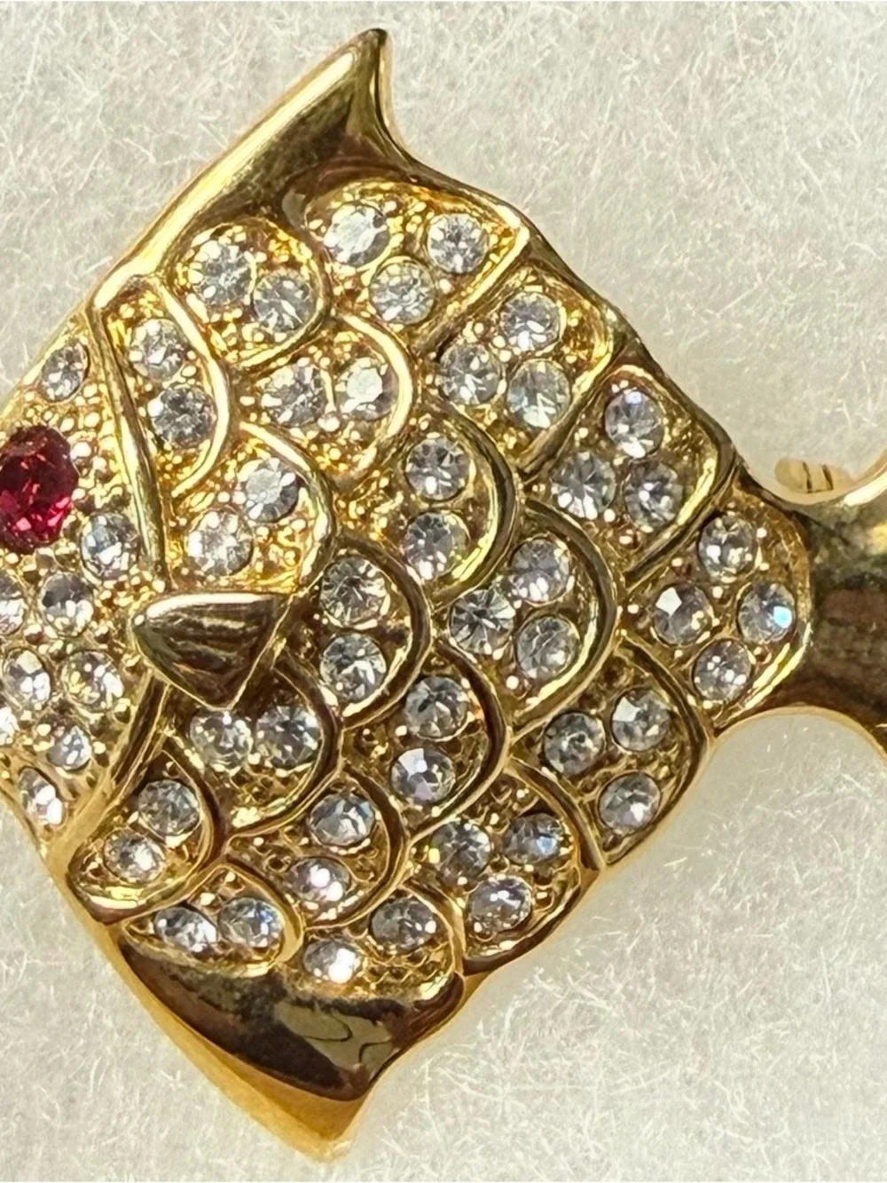 Gold-Tone Fish Brooch Rhinestone Pave Pin - Clear and Red Accents